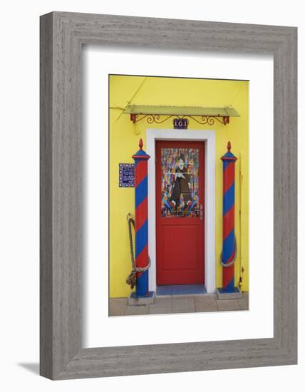 Colourful, Ornate Traditional Doorway and Striped Mooring Posts in the Town of Burano, Venice-Cahir Davitt-Framed Photographic Print