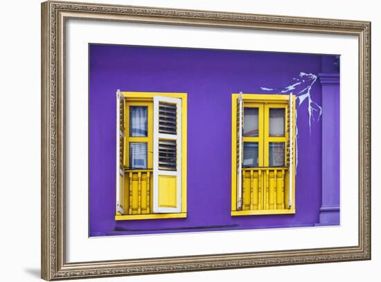 Colourful Purple Painted House and Yellow Window Detail on Tanjong Pagar Road, Singapore.-Cahir Davitt-Framed Photographic Print