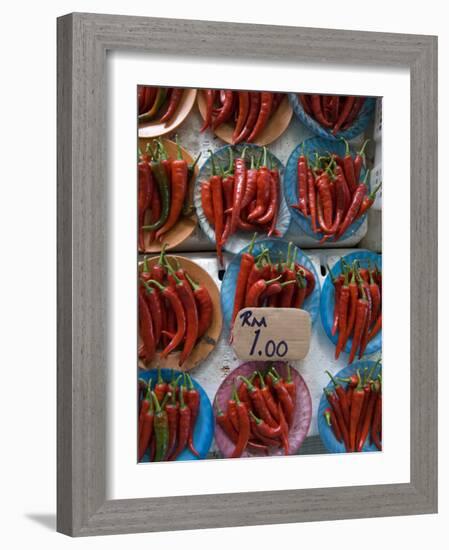 Colourful Red Chillies on Blue Plates on a Market Stall in Kuching, Sarawakn Borneo-Annie Owen-Framed Photographic Print