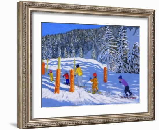 Colourful Skiing, Les Arcs, France, 2018-Andrew Macara-Framed Giclee Print