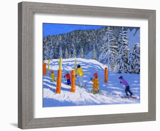 Colourful Skiing, Les Arcs, France, 2018-Andrew Macara-Framed Giclee Print