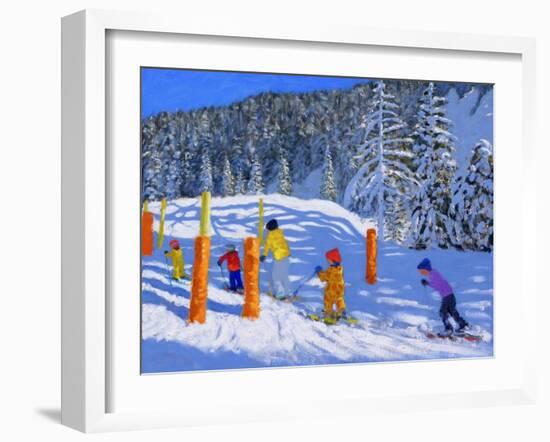 Colourful Skiing, Les Arcs, France, 2018-Andrew Macara-Framed Giclee Print