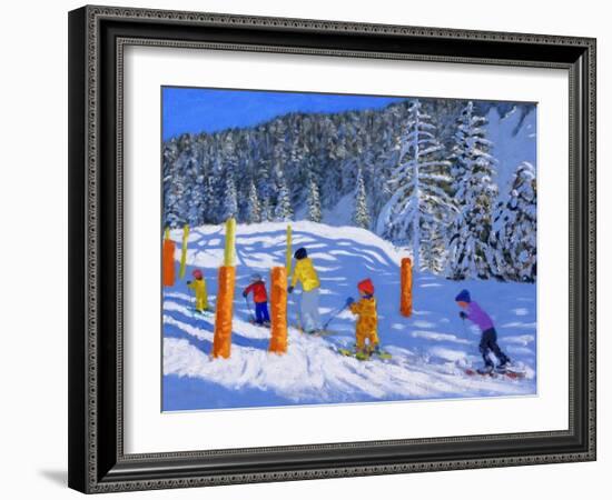 Colourful Skiing, Les Arcs, France, 2018-Andrew Macara-Framed Giclee Print