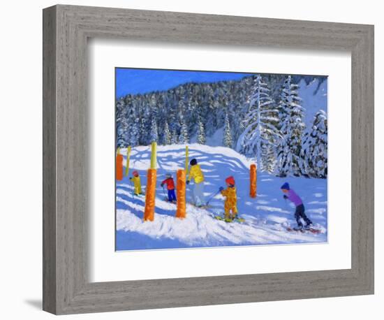 Colourful Skiing, Les Arcs, France, 2018-Andrew Macara-Framed Premium Giclee Print