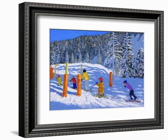 Colourful Skiing, Les Arcs, France, 2018-Andrew Macara-Framed Premium Giclee Print