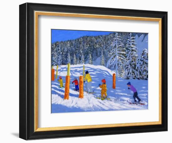 Colourful Skiing, Les Arcs, France, 2018-Andrew Macara-Framed Premium Giclee Print