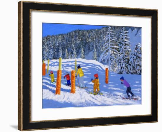 Colourful Skiing, Les Arcs, France, 2018-Andrew Macara-Framed Giclee Print