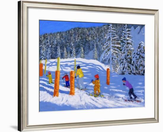 Colourful Skiing, Les Arcs, France, 2018-Andrew Macara-Framed Giclee Print