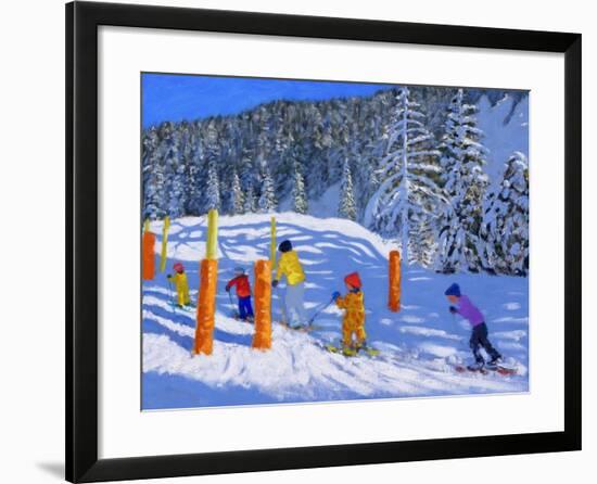 Colourful Skiing, Les Arcs, France, 2018-Andrew Macara-Framed Giclee Print