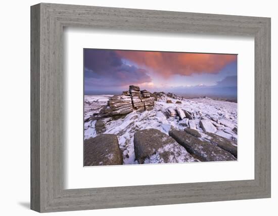 Colourful sunrise above snow covered moorland, Belstone Tor, Dartmoor, Devon, England. Winter (Janu-Adam Burton-Framed Photographic Print