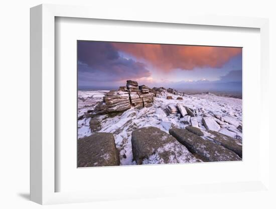 Colourful sunrise above snow covered moorland, Belstone Tor, Dartmoor, Devon, England. Winter (Janu-Adam Burton-Framed Photographic Print
