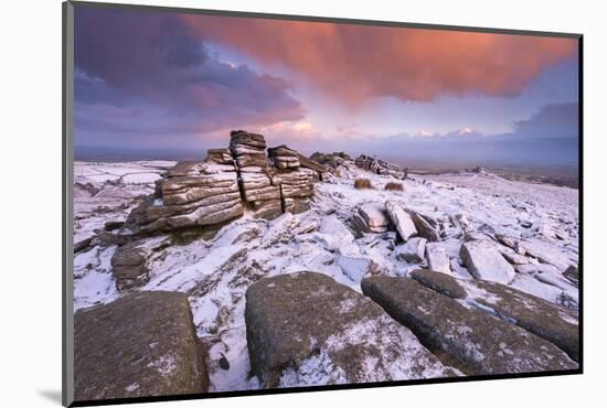 Colourful sunrise above snow covered moorland, Belstone Tor, Dartmoor, Devon, England. Winter (Janu-Adam Burton-Mounted Photographic Print