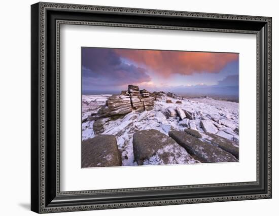 Colourful sunrise above snow covered moorland, Belstone Tor, Dartmoor, Devon, England. Winter (Janu-Adam Burton-Framed Photographic Print