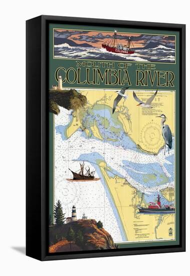 Columbia River Chart & Views-Lantern Press-Framed Stretched Canvas