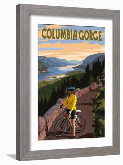 Columbia River Gorge - Bicycle Scene-Lantern Press-Framed Art Print