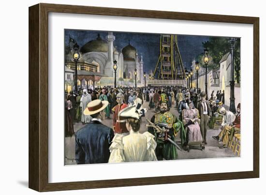 Columbian Exposition Visitors Strolling Along the Midway at Night, Chicago 1893-null-Framed Giclee Print