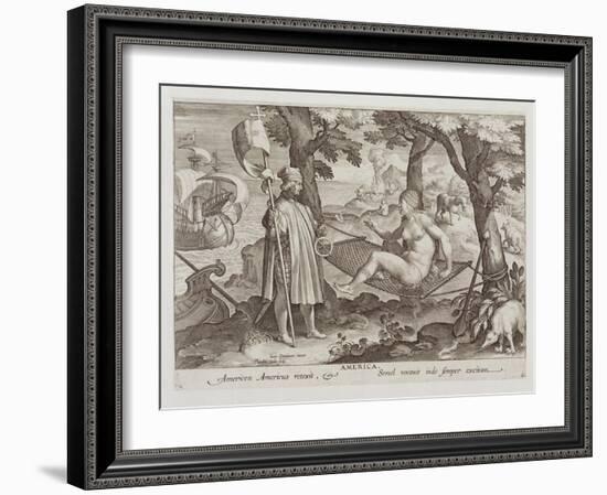 Columbus Discovering America, Plate 2 from "Nova Reperta"-Jan van der Straet-Framed Giclee Print