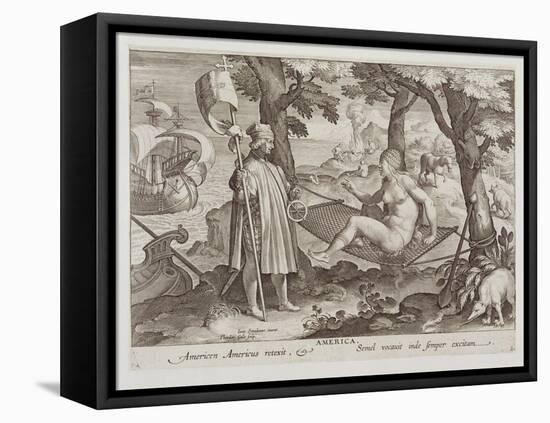Columbus Discovering America, Plate 2 from "Nova Reperta"-Jan van der Straet-Framed Premier Image Canvas