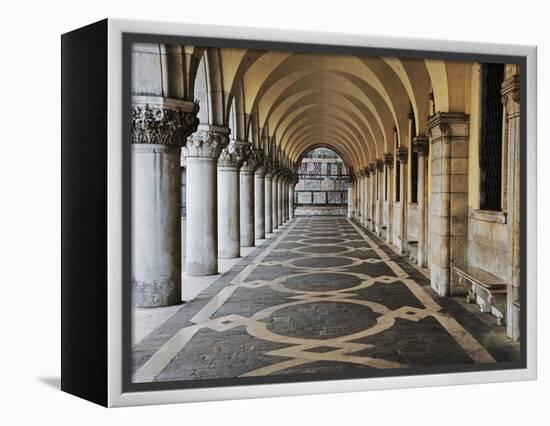 Columns and Archways Along Patterned Passageway at the Doge's Palace, Venice, Italy-Dennis Flaherty-Framed Premier Image Canvas