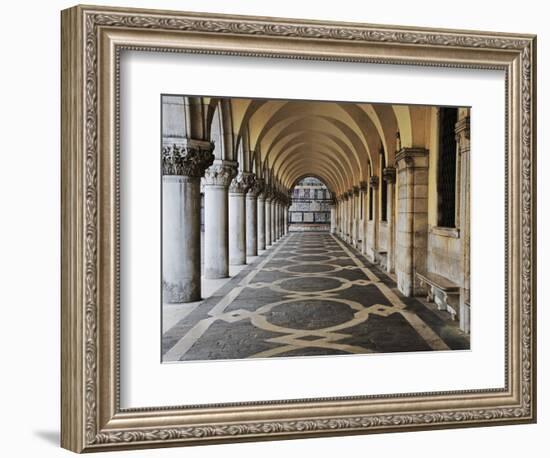 Columns and Archways Along Patterned Passageway at the Doge's Palace, Venice, Italy-Dennis Flaherty-Framed Photographic Print