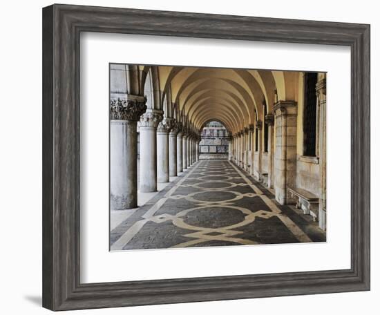 Columns and Archways Along Patterned Passageway at the Doge's Palace, Venice, Italy-Dennis Flaherty-Framed Photographic Print