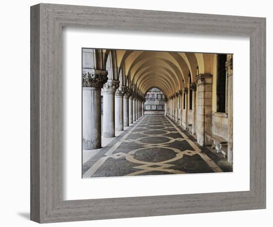 Columns and Archways Along Patterned Passageway at the Doge's Palace, Venice, Italy-Dennis Flaherty-Framed Photographic Print