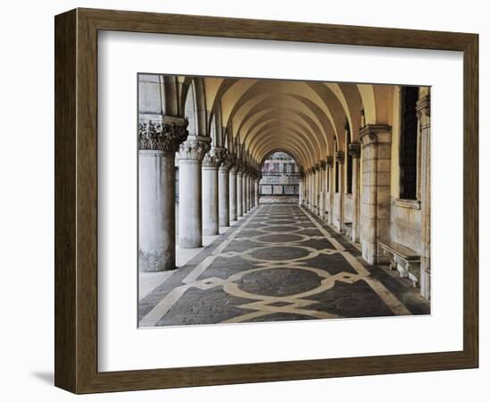 Columns and Archways Along Patterned Passageway at the Doge's Palace, Venice, Italy-Dennis Flaherty-Framed Photographic Print