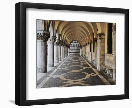 Columns and Archways Along Patterned Passageway at the Doge's Palace, Venice, Italy-Dennis Flaherty-Framed Photographic Print