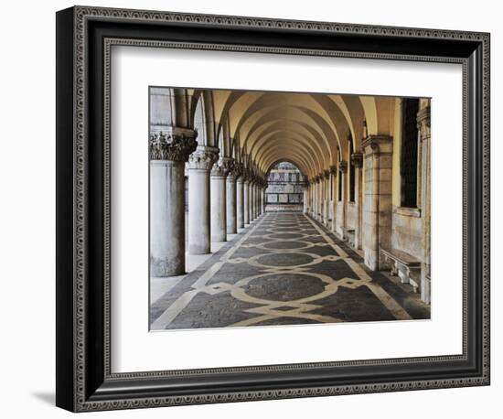 Columns and Archways Along Patterned Passageway at the Doge's Palace, Venice, Italy-Dennis Flaherty-Framed Photographic Print