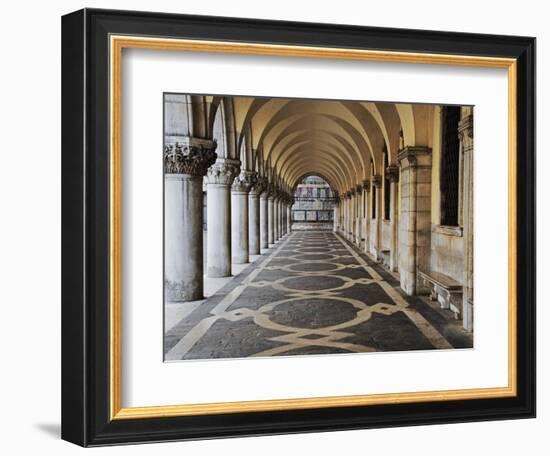 Columns and Archways Along Patterned Passageway at the Doge's Palace, Venice, Italy-Dennis Flaherty-Framed Photographic Print