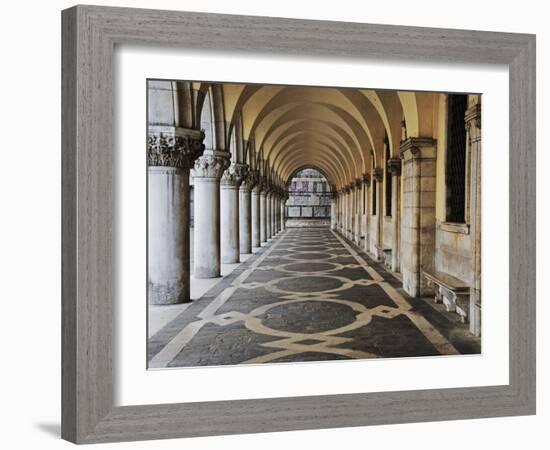 Columns and Archways Along Patterned Passageway at the Doge's Palace, Venice, Italy-Dennis Flaherty-Framed Photographic Print