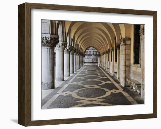 Columns and Archways Along Patterned Passageway at the Doge's Palace, Venice, Italy-Dennis Flaherty-Framed Photographic Print