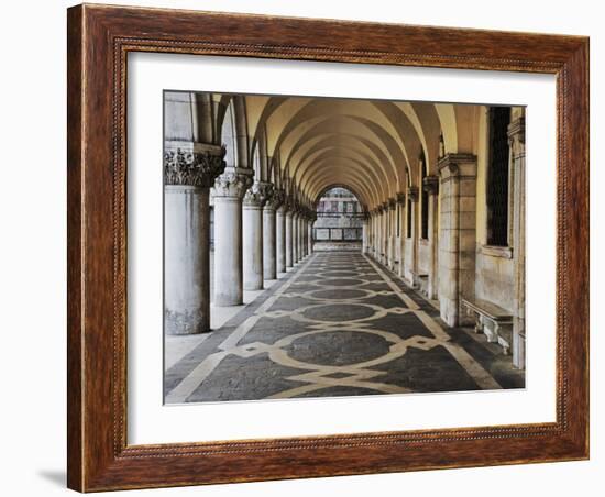 Columns and Archways Along Patterned Passageway at the Doge's Palace, Venice, Italy-Dennis Flaherty-Framed Photographic Print