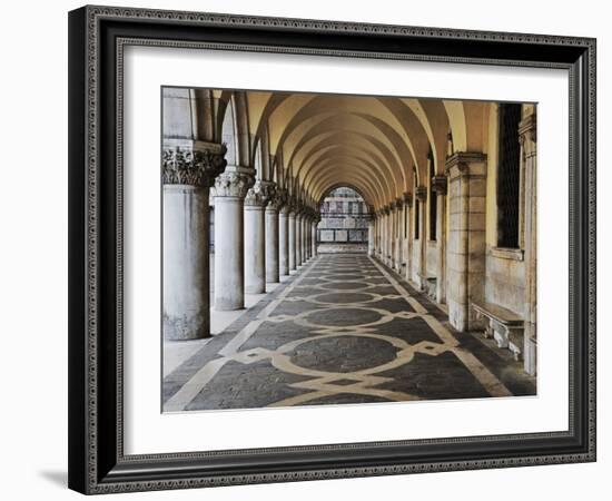 Columns and Archways Along Patterned Passageway at the Doge's Palace, Venice, Italy-Dennis Flaherty-Framed Photographic Print