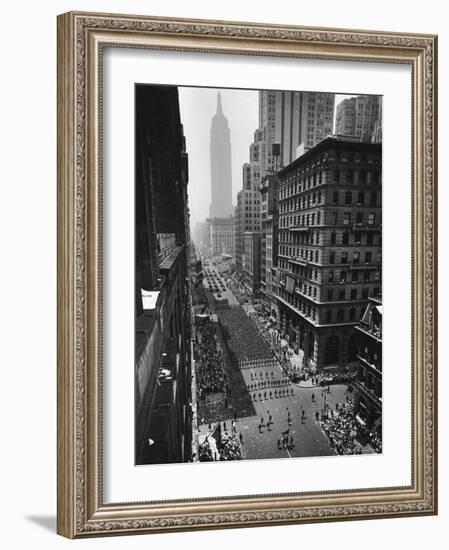 Columns of US Soldiers Marching Independence Day Parade Up 5th Avenue-Andreas Feininger-Framed Photographic Print