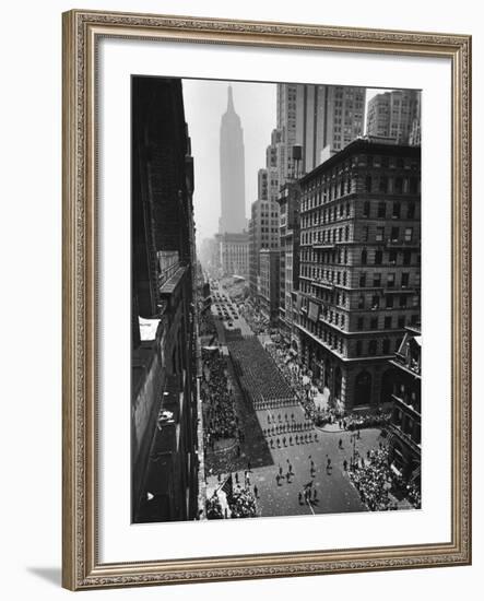 Columns of US Soldiers Marching Independence Day Parade Up 5th Avenue-Andreas Feininger-Framed Photographic Print