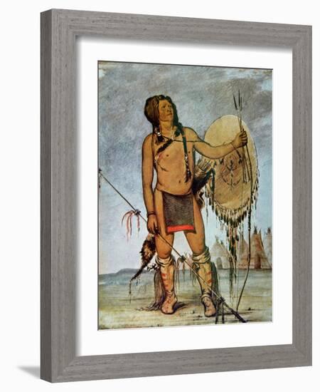 Comanche Warrior with a Shield, Lance and Bow and Arrows, c.1835-George Catlin-Framed Giclee Print