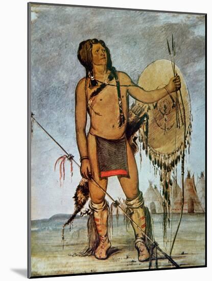 Comanche Warrior with a Shield, Lance and Bow and Arrows, c.1835-George Catlin-Mounted Giclee Print