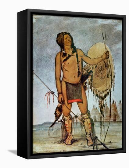 Comanche Warrior with a Shield, Lance and Bow and Arrows, c.1835-George Catlin-Framed Premier Image Canvas