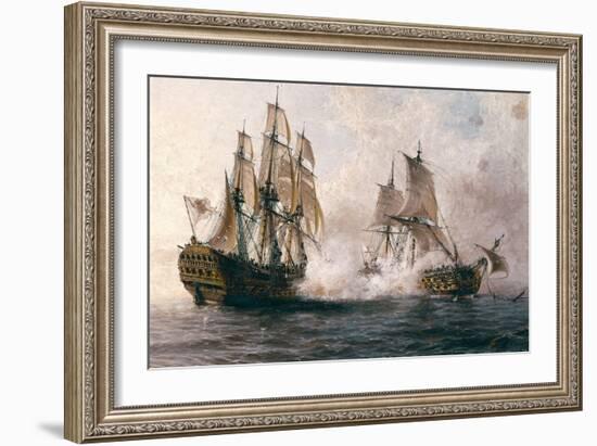 Combat Between the Spanish "Glorioso" Against the British "Darmouth"-Angel María Cortellini-Framed Art Print