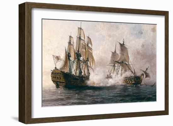 Combat Between the Spanish "Glorioso" Against the British "Darmouth"-Angel María Cortellini-Framed Art Print