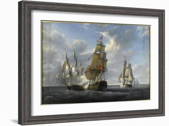 Combat de frégate française Canonnière contre vaisseau anglais Tremendous, 21 avril 1806-Pierre Julien Gilbert-Framed Giclee Print