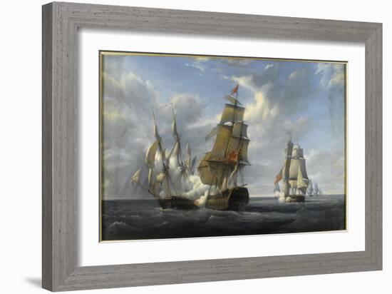 Combat de frégate française Canonnière contre vaisseau anglais Tremendous, 21 avril 1806-Pierre Julien Gilbert-Framed Giclee Print