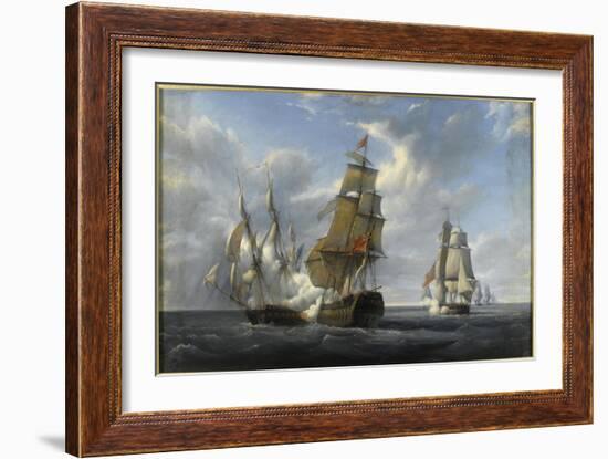 Combat de frégate française Canonnière contre vaisseau anglais Tremendous, 21 avril 1806-Pierre Julien Gilbert-Framed Giclee Print