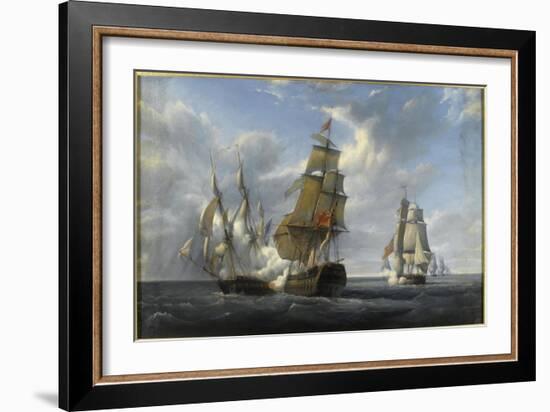 Combat de frégate française Canonnière contre vaisseau anglais Tremendous, 21 avril 1806-Pierre Julien Gilbert-Framed Giclee Print