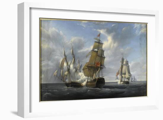 Combat de frégate française Canonnière contre vaisseau anglais Tremendous, 21 avril 1806-Pierre Julien Gilbert-Framed Giclee Print