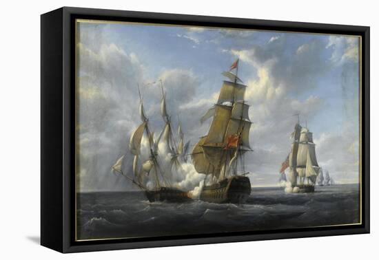 Combat de frégate française Canonnière contre vaisseau anglais Tremendous, 21 avril 1806-Pierre Julien Gilbert-Framed Premier Image Canvas