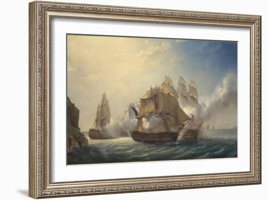 Combat du vaisseaux français le Romulus contre trois vaisseaux anglais à l'entrée de la rade de-Pierre Julien Gilbert-Framed Giclee Print