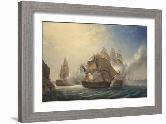 Combat du vaisseaux français le Romulus contre trois vaisseaux anglais à l'entrée de la rade de-Pierre Julien Gilbert-Framed Giclee Print