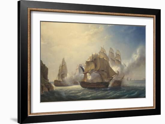 Combat du vaisseaux français le Romulus contre trois vaisseaux anglais à l'entrée de la rade de-Pierre Julien Gilbert-Framed Giclee Print